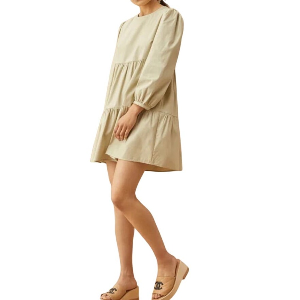 Reformation Beckett Babydoll Dress 90's Dried Herbs Green Tiered Long Sleeve L